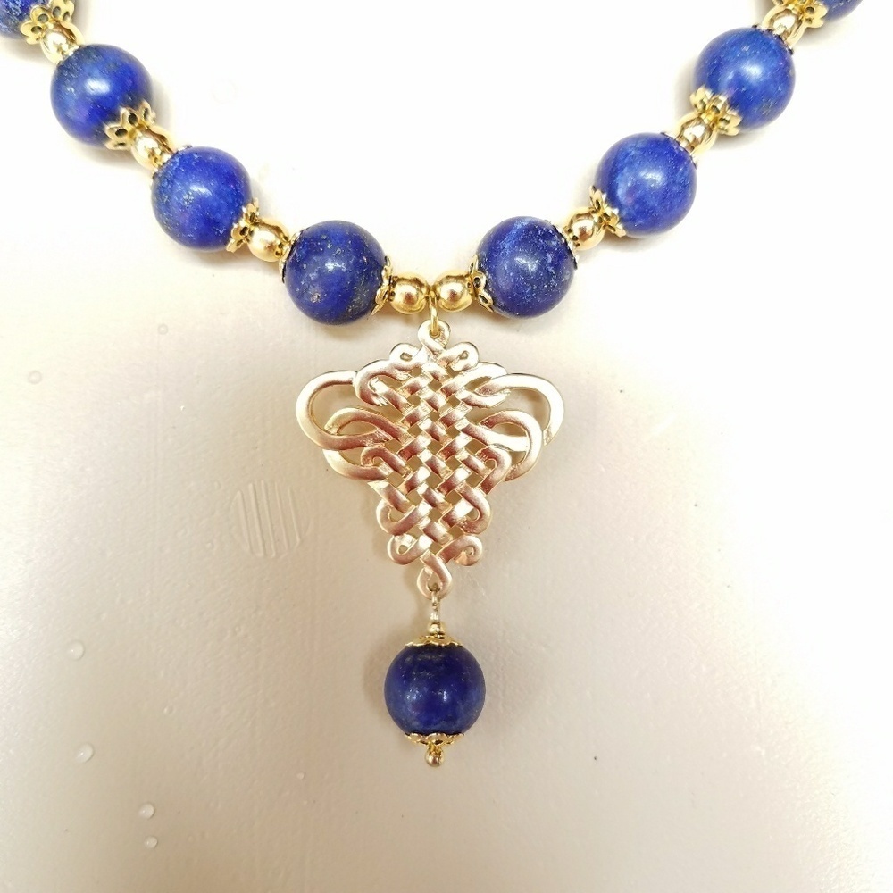 LAPIS & Golden Beaded Necklace & Earrings - Picture 2 of 7